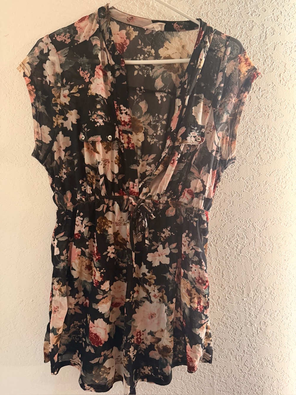 Siren Lily Black Floral Maternity Romper with Peach Accents